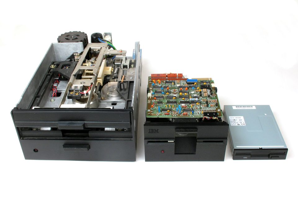 Floppy-disk drives in three physical sizes: eight-inch, five-and-a-quarter-inch and three-and-a-half-inch.