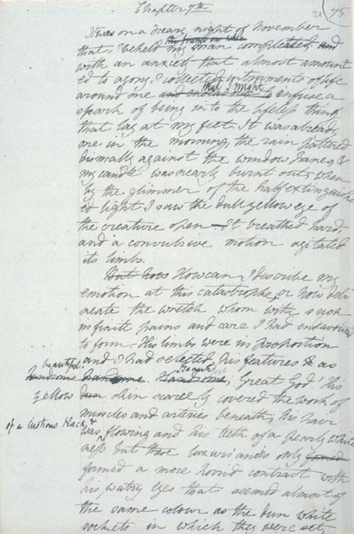 A manuscript page from Mary Shelley’s Frankenstein, 1816. A historical example of writing and revision.